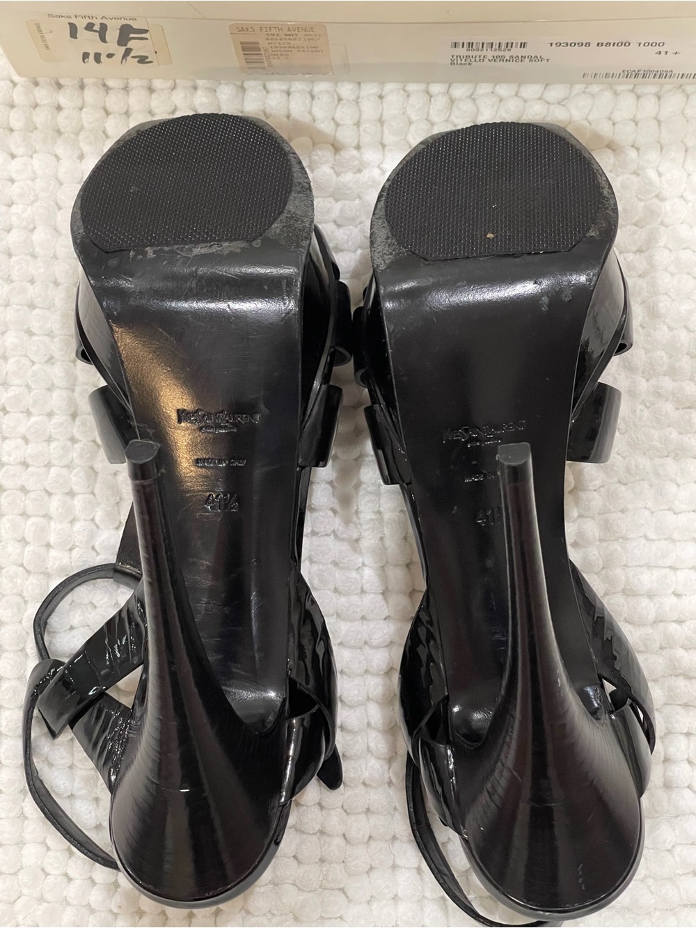 Saint Laurent Black Patent Leather T-Strap Woven Heels with Gold Accents - Picture 7 of 9